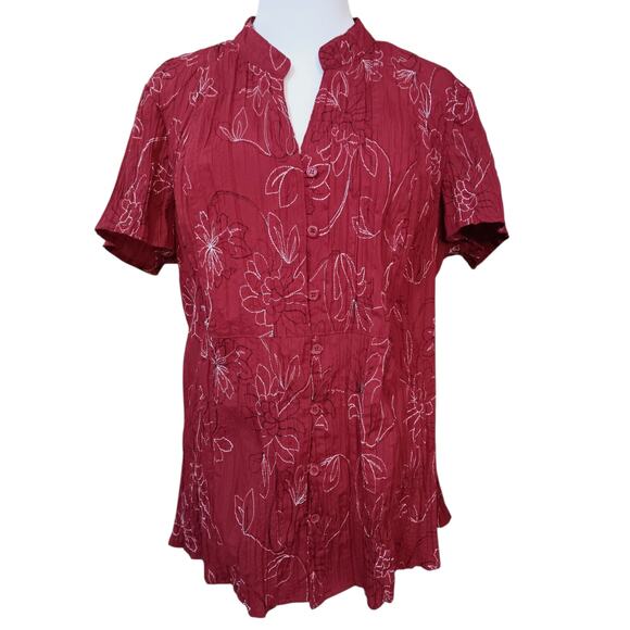 ST. JOHN'S BAY Crinkle Short Sleeve Blouse Top Plus 1X Red Floral‎ Career Travel - Picture 8 of 9